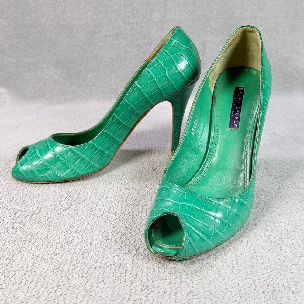 Ralph Lauren Collection Womens 9 Green Croc Leather Peep Toe Stiletto Pump